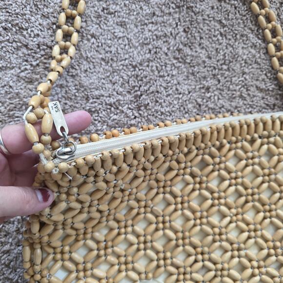 The Sak Beaded Wooden Shoulder Bag Boho Retro Natural Beige Crossbody Purse - Picture 4 of 13